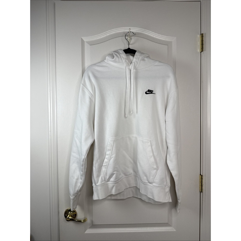 Nike Mens L White Hoodie Club Fleece Pullover Sweatshirt Embroidered Swoosh